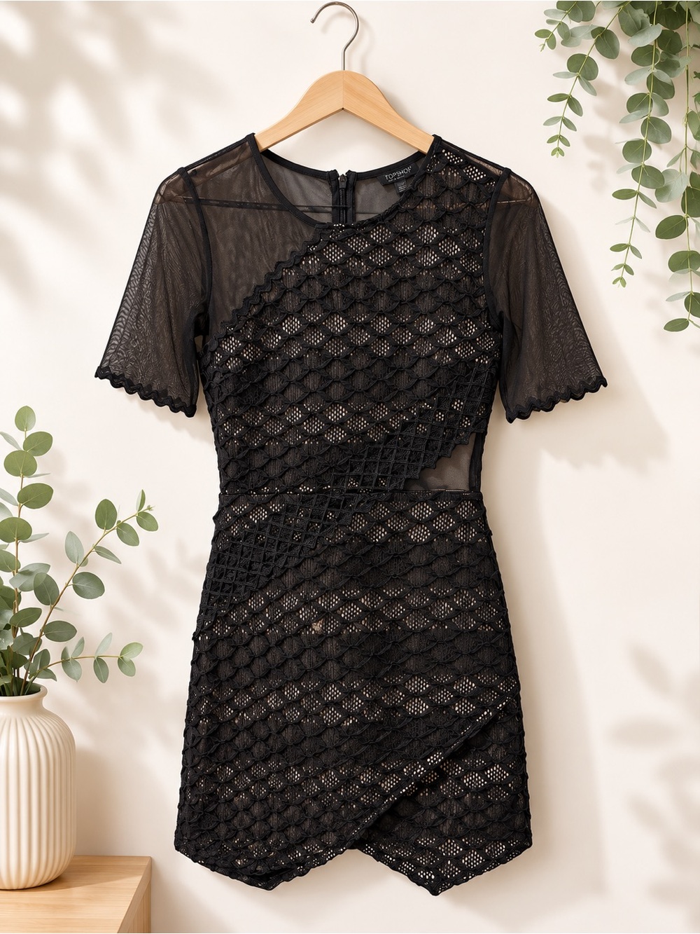 Topshop Black Lace Mini Dress with Sheer Sleeves